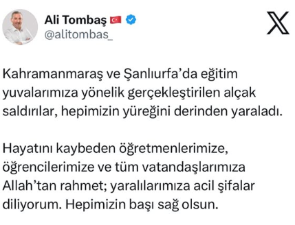 Başkan Tombaş Eğitim Kurumlarına Saldırıları Kınadı: “Alçak saldırılar, hepimizin yüreğini derinden yaraladı”